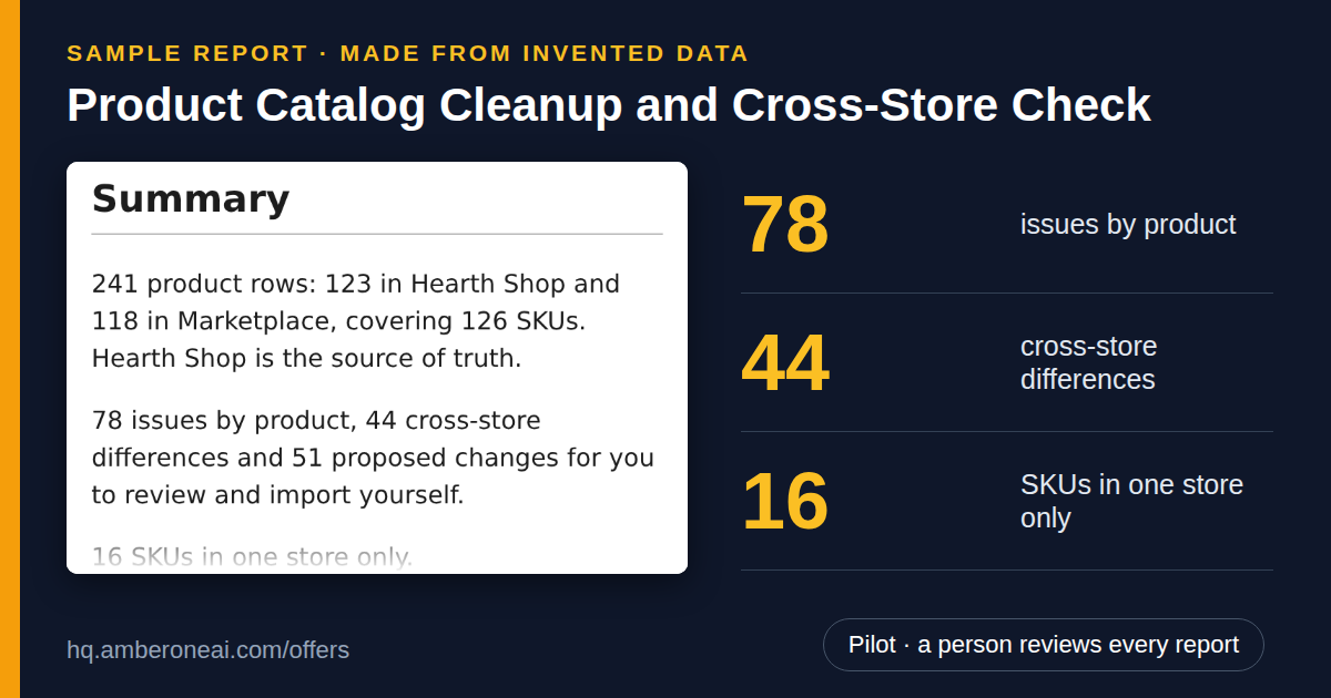 Sample report made from invented data: Product Catalog Cleanup and Cross-Store Check. 78 issues by product; 44 cross-store differences; 16 SKUs in one store only.