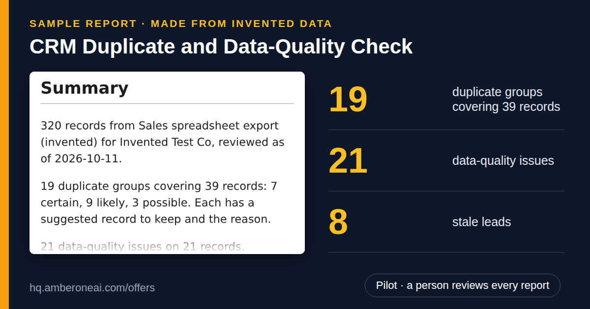Sample report made from invented data: CRM Duplicate and Data-Quality Check. 19 duplicate groups covering 39 records; 21 data-quality issues; 8 stale leads.